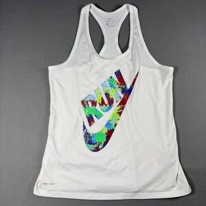 Nike Womens Tank Top Small White RUN Graphic Racerback Dri-FIT Polyester‎ Active